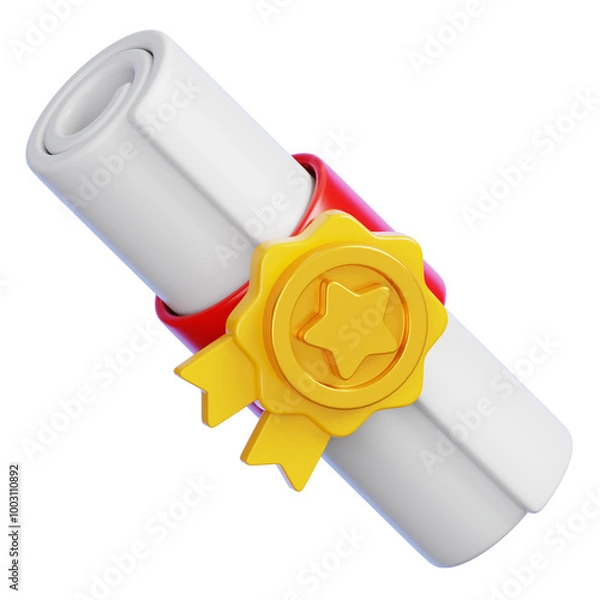 Obraz Diploma certificate with gold medal isolated Back to school and education minimal icon 3D Render