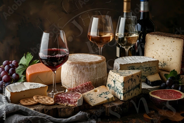 Fototapeta A table with a variety of cheeses, wine, and crackers