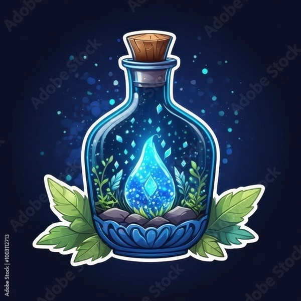 Fototapeta A glowing blue flame flickers inside a glass bottle, surrounded by magical plants and stones, creating a mystical potion in a serene, enchanted forest setting