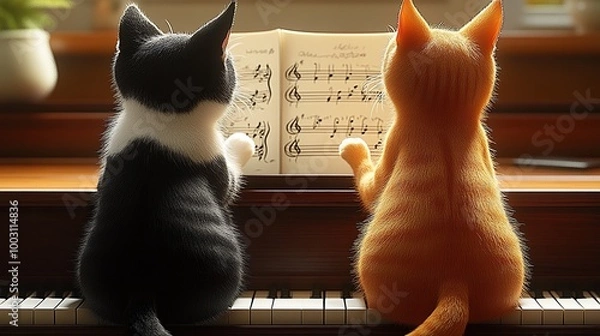 Fototapeta Two cats on a piano, one black and one orange, intrigued by music notes.