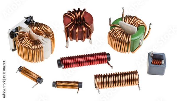 Fototapeta Set of toroid or cylindric coils with copper wire isolated on white background. Closeup of inductors or transformers with ferrite core. Various electronic components to store energy in magnetic field.