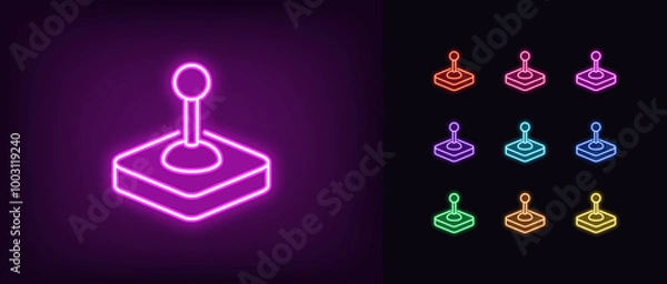 Obraz Outline neon control joystick icon set. Glowing neon arcade joystick, game joypad, control lever. Gaming stick handle, retro controller, vintage control console, manipulator handle. Vector icons