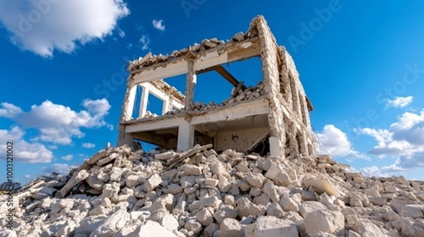 Fototapeta Collapsed building surrounded by rubble after a devastating earthquake urban destruction 