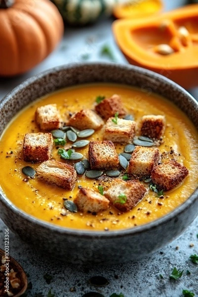 Fototapeta Pumpkin soup with cream, seeds, crackers and cinnamon. Autumn decor on table, orange squash in background. Healthy Halloween food