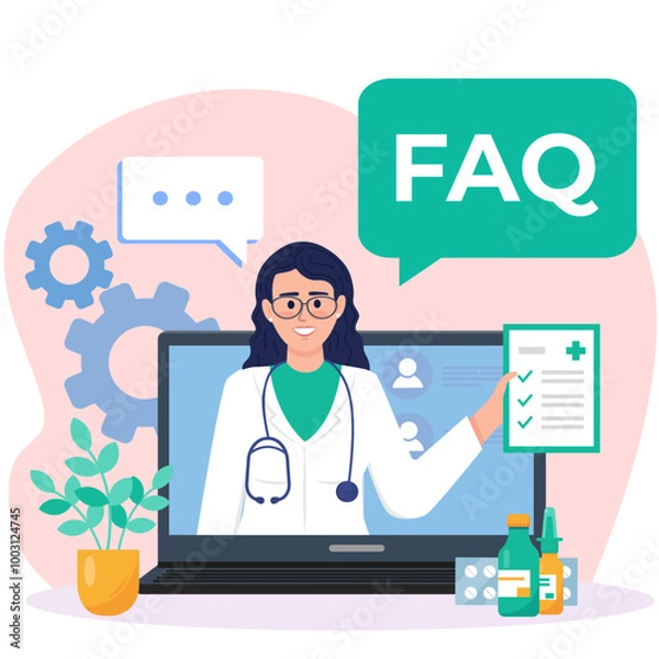Fototapeta FAQ on the website of a medical clinic, a female doctor in a lab coat and with a stethoscope - ready to answer questions