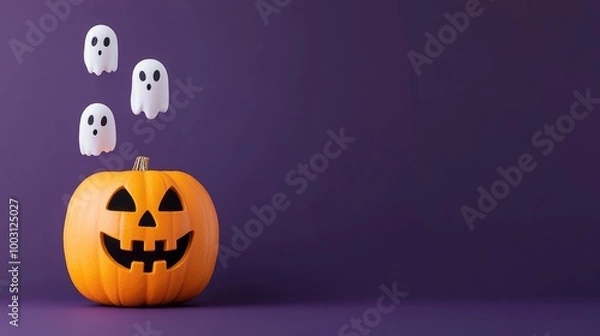 Fototapeta Glowing transparent pumpkin with floating ghost faces inside, isolated on dark purple background with soft shadows 