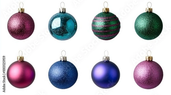 Fototapeta Isolated set of Christmas ornaments in various shapes and colors, shiny and glittering, on a white background, space for text 