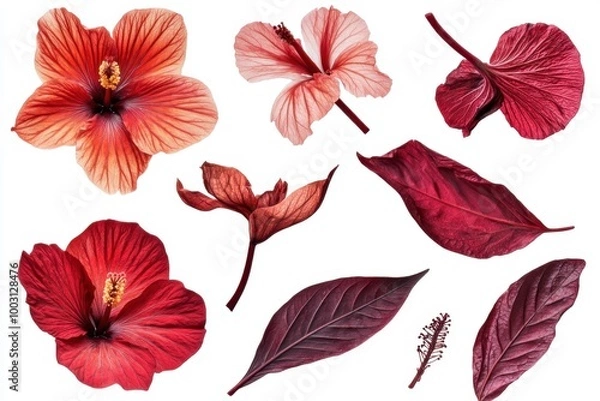 Fototapeta Flat lay of realistic pressed hibiscus petals on a white background, in various shapes and sizes, in a red color palette Generative AI