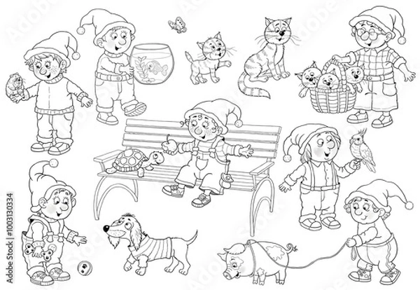 Fototapeta Seven cute and funny gnomes with their favorite pets. Cat, kittens, dog, piglet, tortoise, parrot and fish. Illustration for children. Poster. Character design. Cute and funny cartoon characters