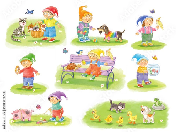 Fototapeta Seven cute and funny gnomes with their favorite pets. Cat, kittens, dog, piglet, tortoise, parrot and fish. Illustration for children. Poster. Character design. Cute and funny cartoon characters