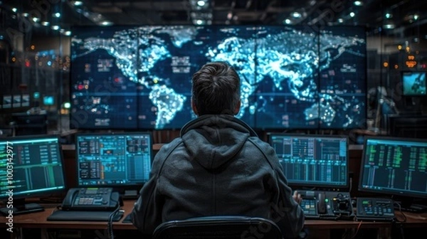 Fototapeta Person analyzing global data at a high tech command center during the night
