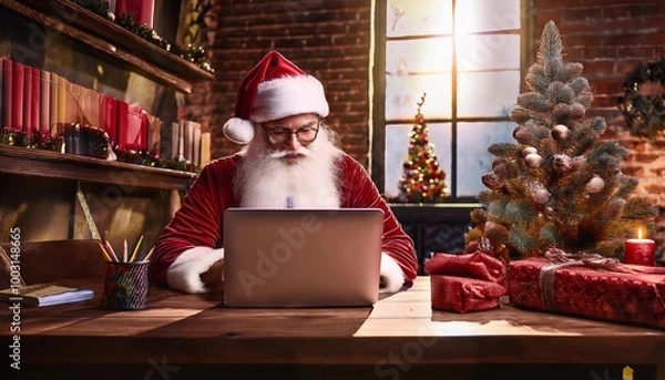 Fototapeta Santa Claus working on the computer, preparing for Christmas. in the  room decorated for Christmas