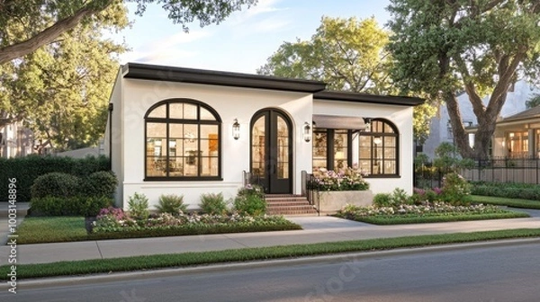 Fototapeta This modern single-story house features a sleek design with large windows and a black roof, complemented by arched doorways and a beautiful garden surrounding it