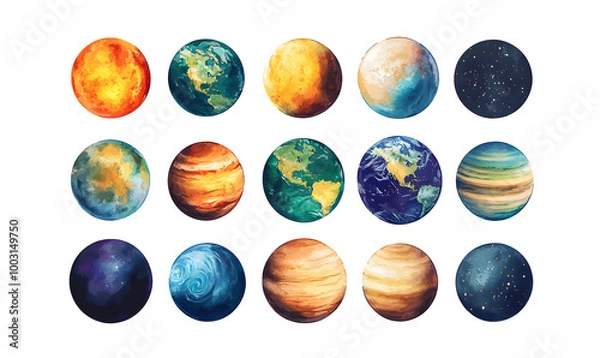 Fototapeta Watercolor vector illustration planet galaxy universe solar system stars set clipart sketch Mercury Venus Earth Mars Jupiter Saturn Uranus Neptune