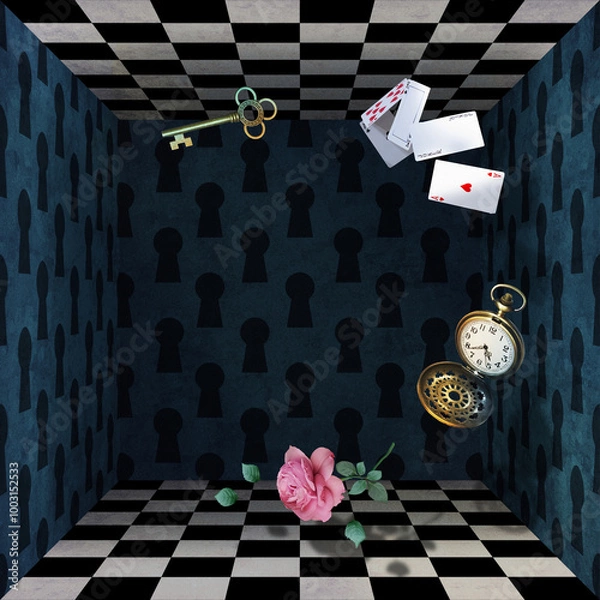 Fototapeta The wonderland room. Flying furniture, playing cards, cups, watches, keys and more on the background of green walls and a chess floor. Mad Tea party. Colorful background for photo shoots and parties