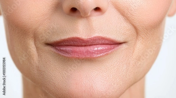 Fototapeta A close-up of the mouth area, showing how the lips and jawline lose symmetry due to muscle weakening and sagging skin in older age.