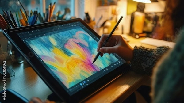 Fototapeta A creative individual engages with a digital drawing tablet, bringing colorful designs to life in a bright, organized workspace filled with art supplies