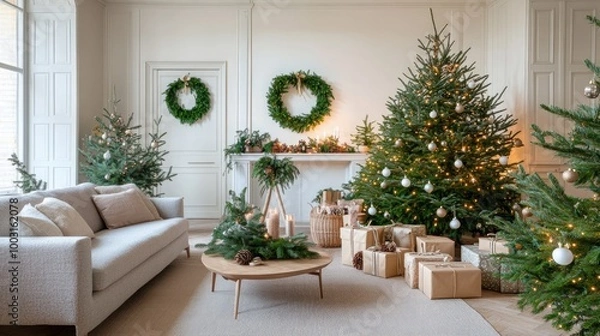 Fototapeta This inviting Christmas living room showcases a white sofa, a beautifully decorated tree, and a wooden table adorned with gift boxes and candles, creating a festive atmosphere