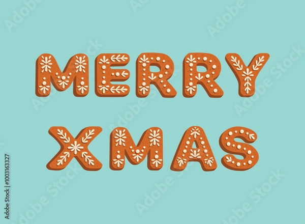 Fototapeta Illustration of the text 'Merry Xmas' designed to look like gingerbread cookies with white icing on a light blue background. Perfect for holiday cards, posters, packaging, and Christmas designs.