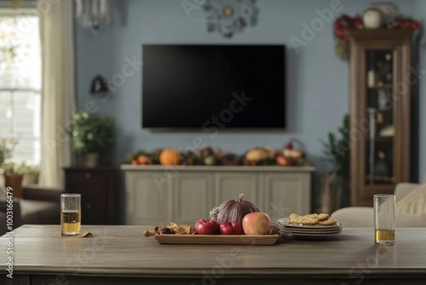Fototapeta Thanksgiving Day. Turkey, pumpkins and wine are on the table. Autumn table with meat and pumpkin treats. Postcard invitation to Thanksgiving Day in November.
