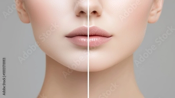 Fototapeta A split-view portrait showing how the symmetry of the lips in a young face becomes uneven as the mouth and jawline shift with age.
