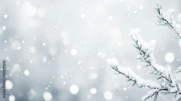 Fototapeta A simple gray winter christmas background - snow falls onto pine tree branches, snowflakes  in the air in soft focus - a minimalist and tonal holiday background for a custom image and copypace. 