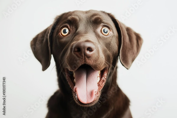 Fototapeta Surprised dog puppy with funny excited expression face close up isolated on bright white background.
