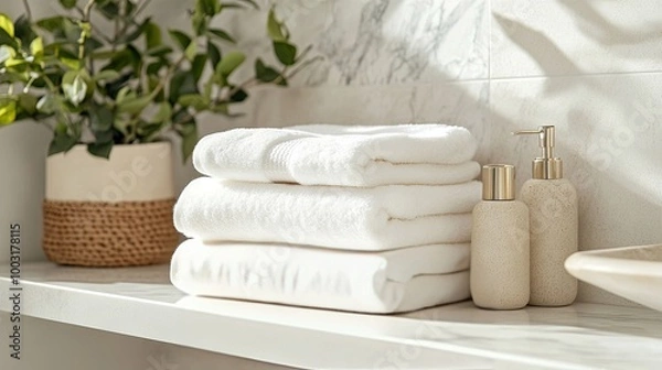 Obraz Stack of white towels neatly folded on a bathroom shelf, creating a clean and organized look.