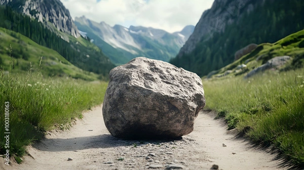 Fototapeta A heavy boulder in front of a narrow path, symbolizing obstacles in emotional healing. Emotional obstacles.


