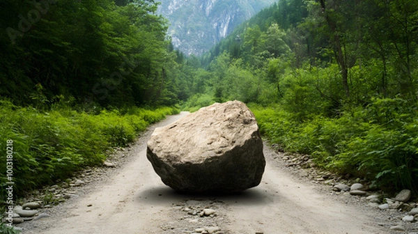 Fototapeta A heavy boulder in front of a narrow path, symbolizing obstacles in emotional healing. Emotional obstacles.



