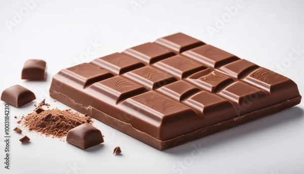 Fototapeta A single chocolate bar with a few pieces around it, looking tempting on a white background.