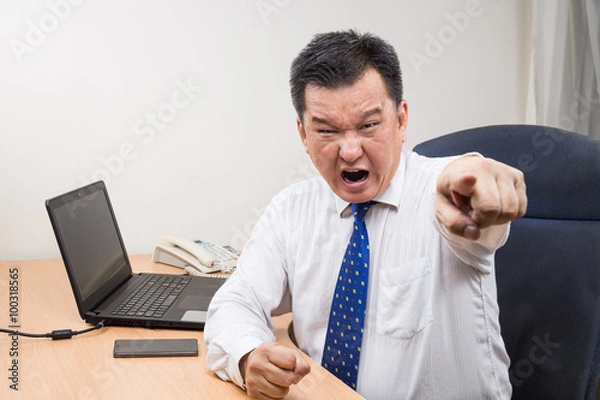 Fototapeta Angry and stressful Asian manager shouting and pointing in office