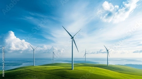 Fototapeta Wind Turbines on Green Hills Under Blue Sky