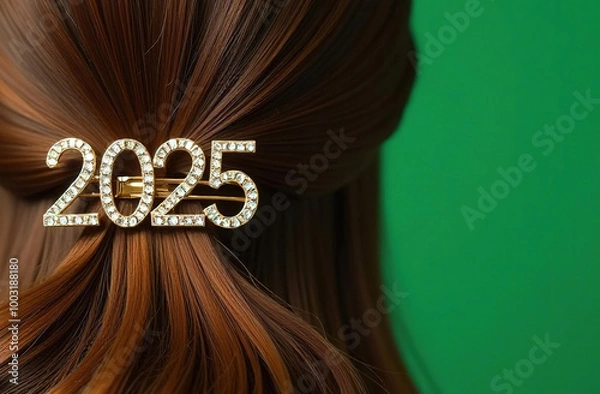 Fototapeta Gold hair clip with rhinestones in the form of the number 2025 against the background of shiny brown hair. copy space