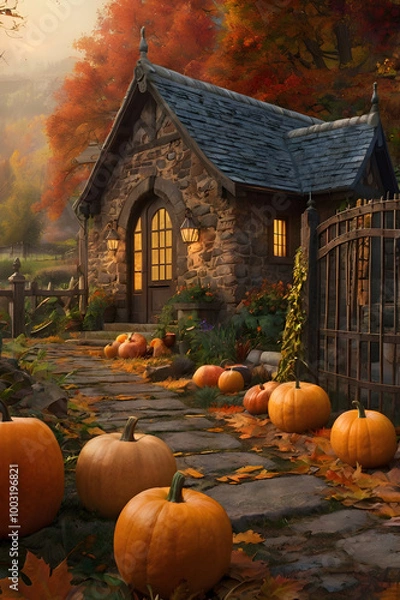 Obraz Pumpkins in the Garden and on the House