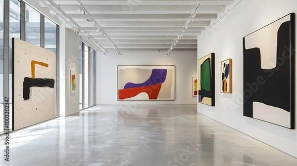 Fototapeta A view of a contemporary art gallery with a minimalist aesthetic, where large abstract artworks dominate the space