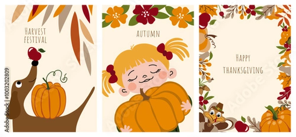 Fototapeta Painted autumn illustrations. A set of postcards with turkey, mushrooms, a dog and a girl with pumpkins. Thanksgiving, harvest festival. Greeting cards, poster, banner, frame with space for text.