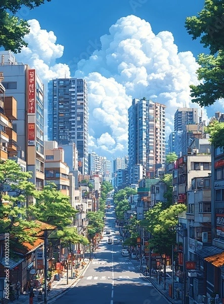 Fototapeta Anime style cityscape with tall buildings and vibrant summer sky