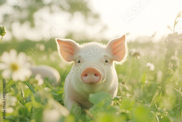 Fototapeta Cute Piglet in Green Grass Field with Daisies