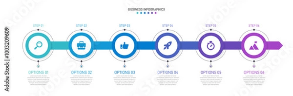 Fototapeta Horizontal progress bar featuring 6 arrow-shaped elements, symbolizing the six stages of business strategy and progression. Clean timeline infographic design template. Vector for presentation