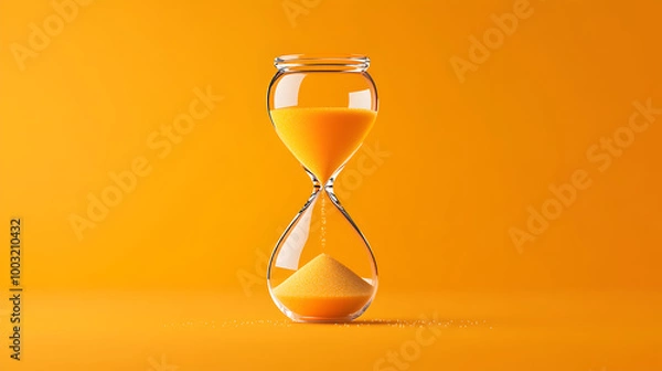 Fototapeta A bright orange background with a floating hourglass in the middle, sand pouring slowly. Hourglass on an orange background.


