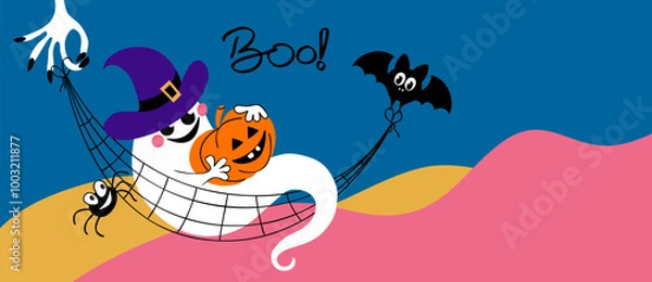 Fototapeta Halloween. A horizontal banner with space for text. Hand-drawn cute ghost, pumpkin, spider and bat. For postcards, invitations, decor, packaging, wallpaper, web with space for text.
