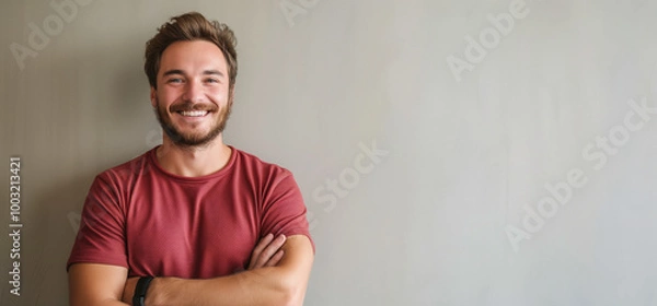 Fototapeta A smiling young man with a beard and crossed arms stands confidently against a neutral background, exuding warmth and approachability