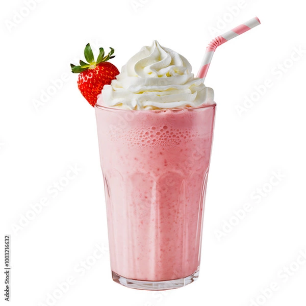 Fototapeta strawberry milkshake topped with whipped cream and a straw isolated on transparent background