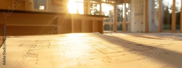 Fototapeta The blueprint is placed on the table in an unfinished kitchen, with sunlight streaming through the windows and highlighting details of modern home construction