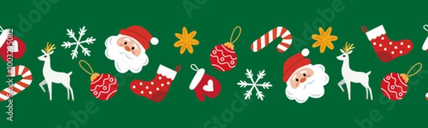 Fototapeta Christmas and New Year's endless border with cute winter decor elements on a green background. Seamless vector repeating pattern. Flat cartoon illustration for textiles, postcards, banners, posters,