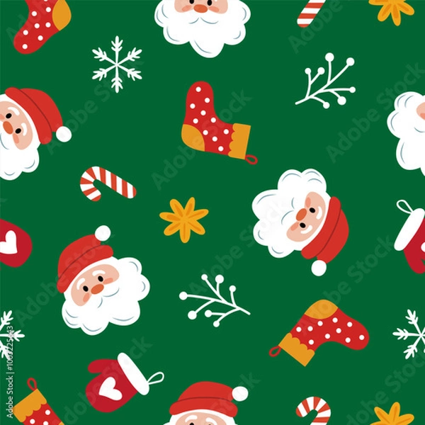 Fototapeta An endless Christmas pattern with cute winter decor elements on a green background. Flat cartoon illustration for postcards, banners, posters, packaging, paper. Seamless vector repeating pattern.