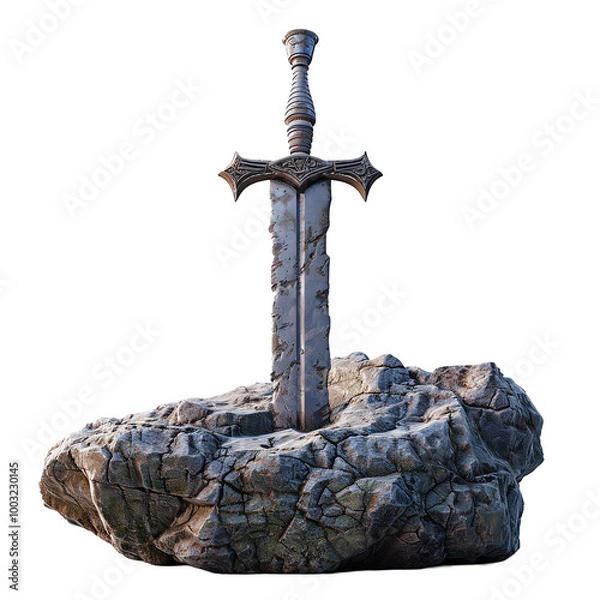 Fototapeta Legendary Sword in Stone Ancient Relic 
Embedded in Rock - Transparent