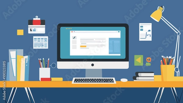 Fototapeta Flat Style Web Design and Development Workspace with Desktop Computer, Office Supplies, and Lamp, Digital Illustration for Business and Technology Concepts