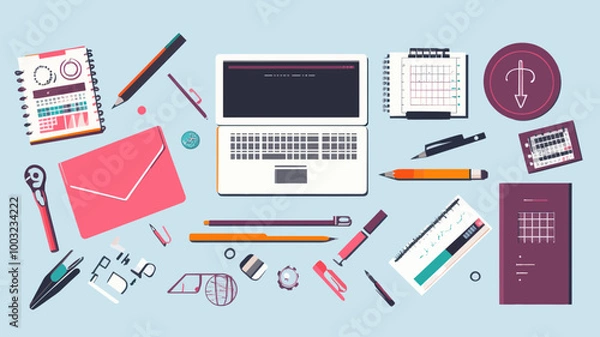 Fototapeta Flat Design Graphic Designer Tools and Office Equipment for Creative Work, Including Laptop, Notebooks, Pencils, and Various Stationery Items